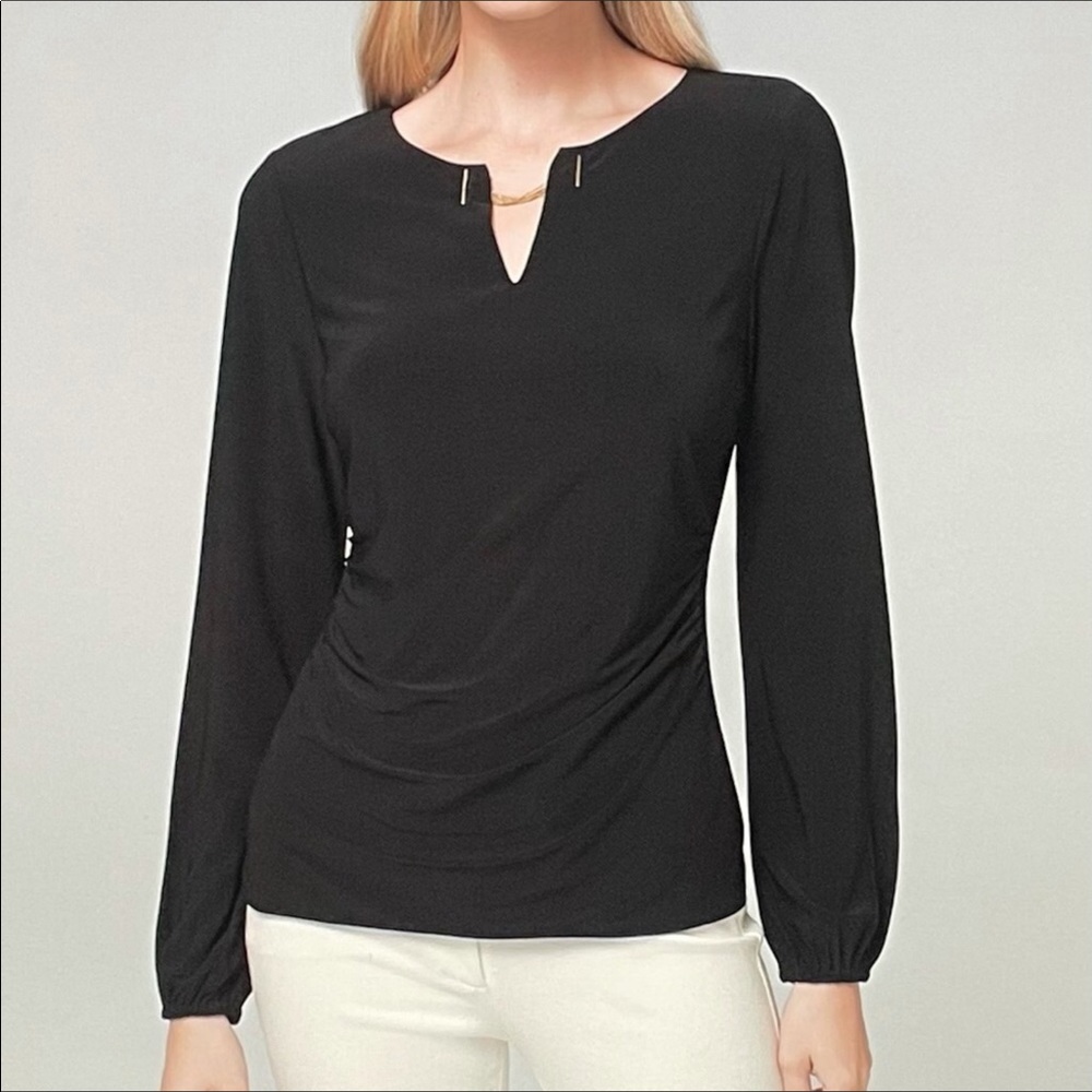 White House Black Market Black Long Sleeve Top with Gold Chain Detail, Size M